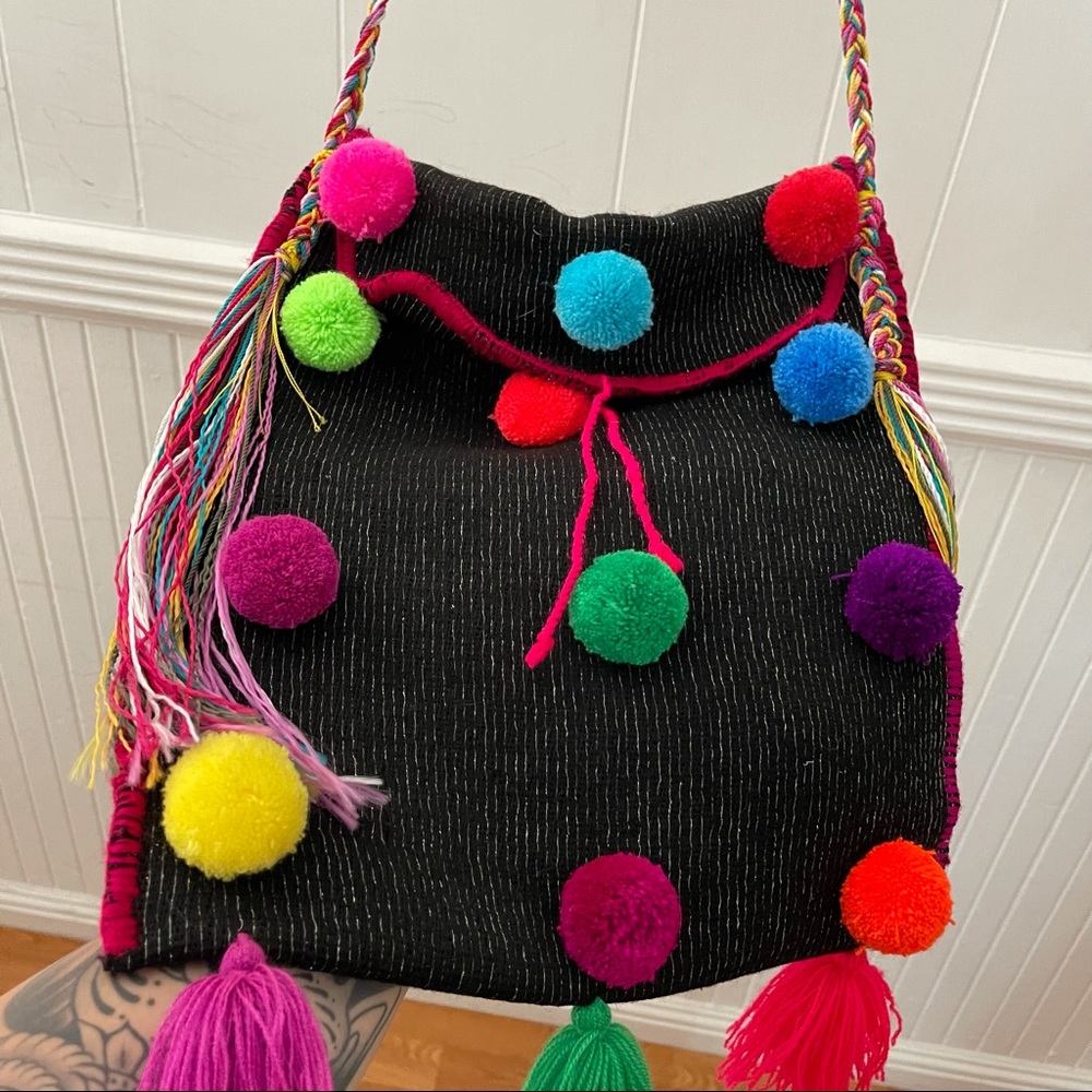 Handmade Mexican Pom Pom Crossbody Bag - Picture 4 of 11